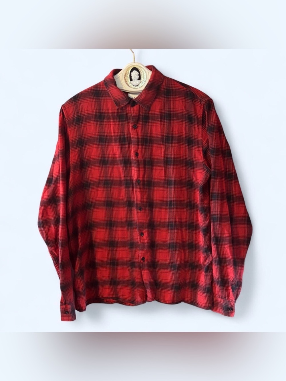 Sandro Plaid Cotton Flannel Button Shirt Mens Medium Red Black Check